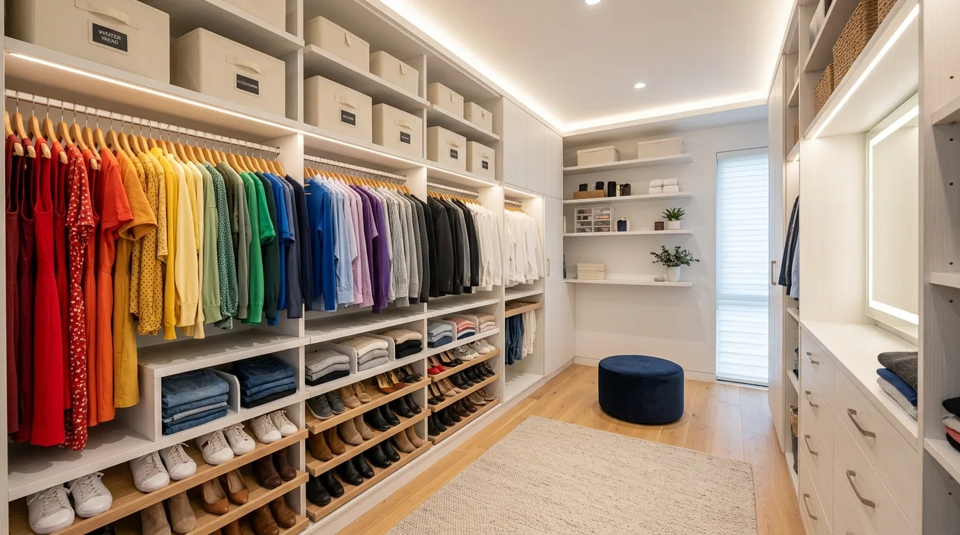 Organized closet with labeled storage, matching hangers, and integrated lighting.